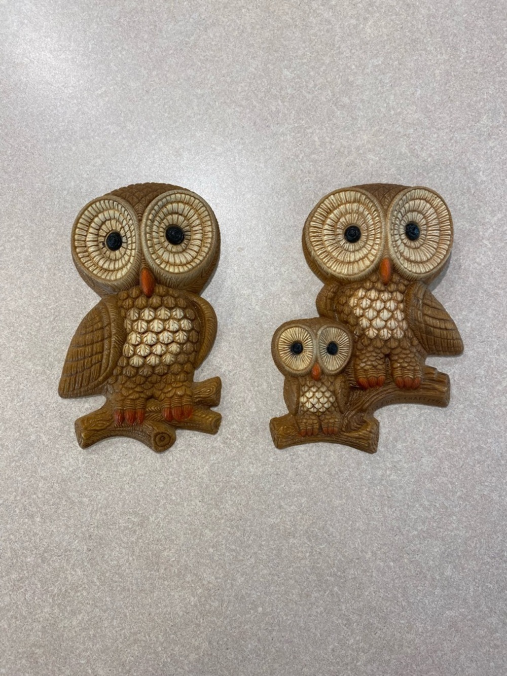 2 Vintage Retro 1960-70's Owl Family Decor Hanging Foam Resin Wall Plaques MCM